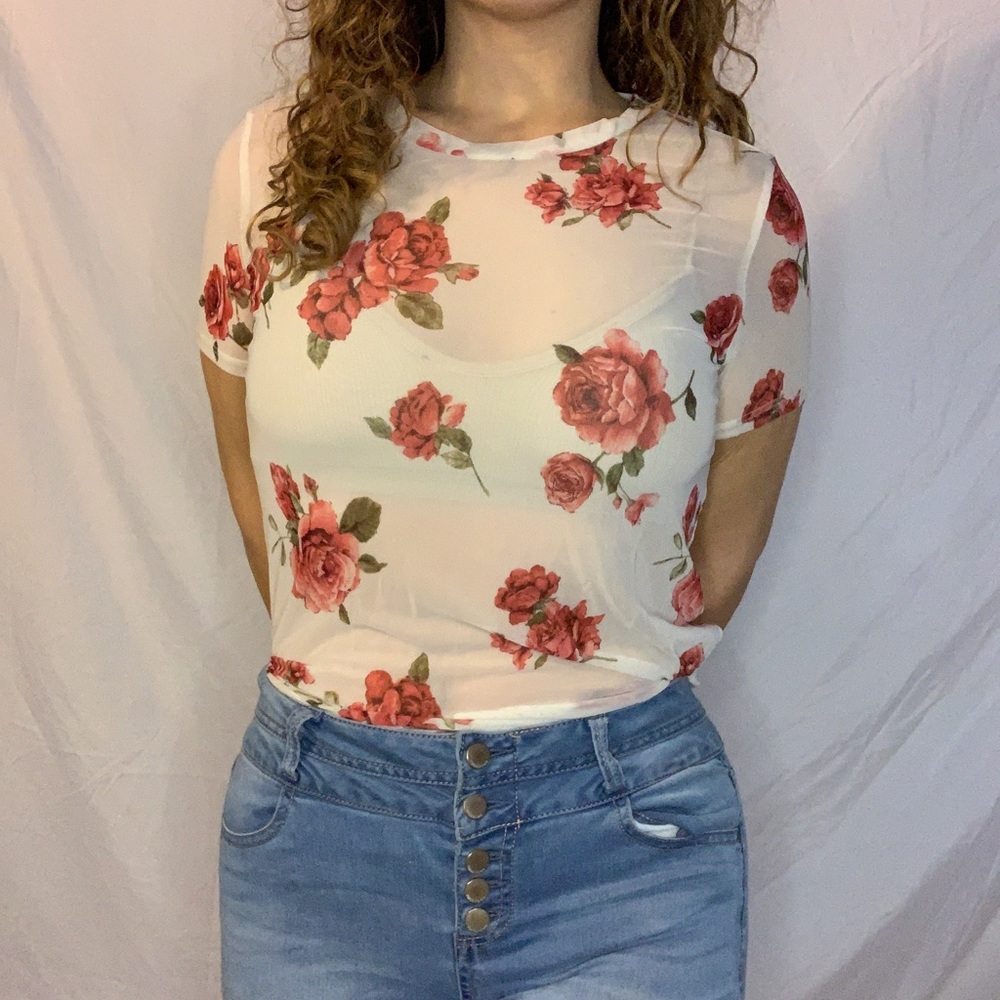 White Mesh Floral Tee Shirt